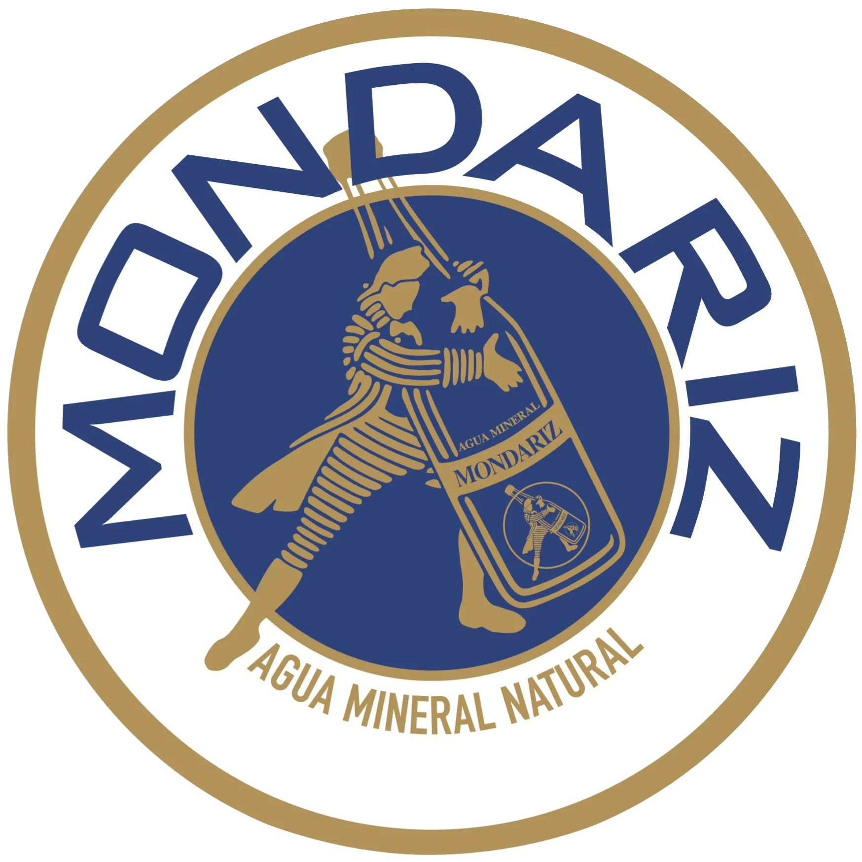 Logo de Aguas de Mondariz. La imagen recursiva del agüista abrazado a la botella aparece como logotipo de la marca en 1929
