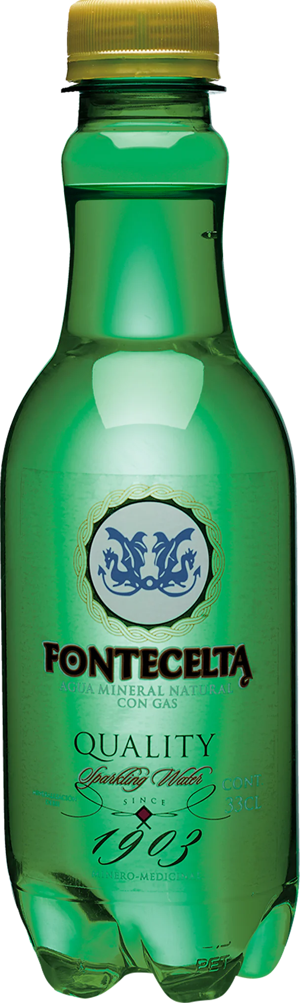 Botella de Agua Mineral Natural con Gas Fontecelta Premium Quality de 33 cl.