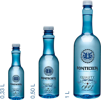 Gama de botellas de Agua Mineral Fontecelta Quality de 33 cl., 50 cl. y 1L.