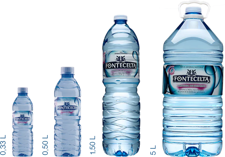 Gama de envases de Agua Mineral Natural Fontecelta, de 33 cl, 50 cl, 1.5L. y garrafa de 5L.