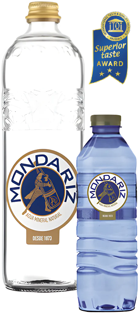 Botellas de Aguas de Mondariz Mineral Natural sin Gas, en 2 envases: de vidrio y PET y el sello de la certificación Diamnod Taste AWARD