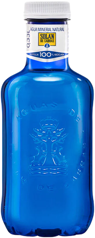 Botella de 33 cl. de agua mineral natural Solán de Cabras en plástico reciclado (RPET)