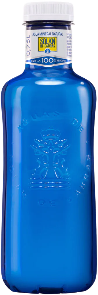 Botella de 75 cl. de agua mineral natural Solán de Cabras en plástico reciclado (RPET)