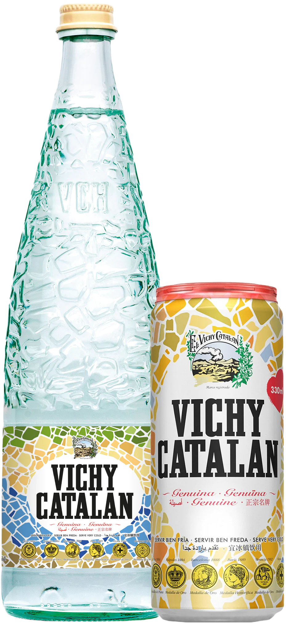 Agua natural Vichy Catalan en envase de vidrio y lata de 33 cl